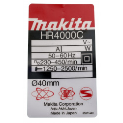 Фірмова табличка з основними характеристиками перфоратора Makita HR4000С