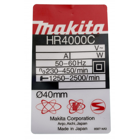 Фирменная табличка с основными характеристиками перфоратора Makita HR4000С оригинал 858714-3